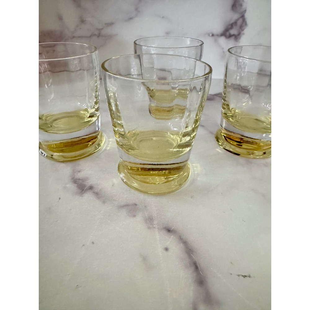 Vintage Style Yellow Tinted Weighted Base Whiskey Lowball Glasses Set of 4